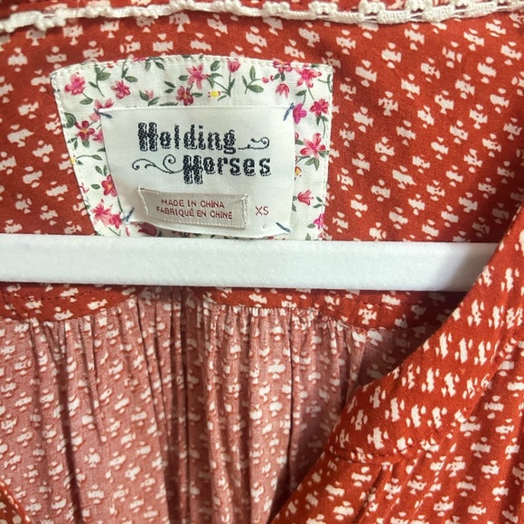 Anthropologie Holding Horses Tunic Orange White Printed Button Down Rayon XS - Picture 2 of 6